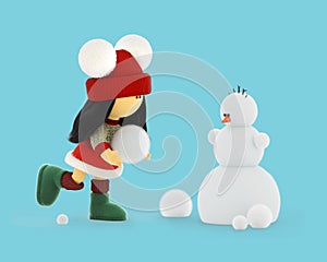 A cute rag doll in a knitted Christmas sweater sculpts a New Year's snowman