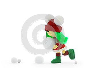 Cute rag poppet with green hair in a knitted Christmas sweater playing with snowballs