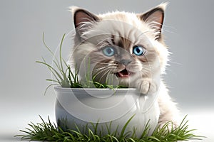 cute Ragdoll kitten eating green juicy grass from a pot, isolated on a white background