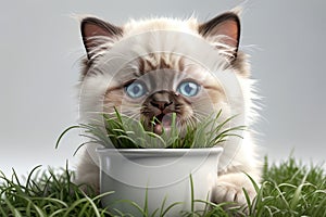 cute Ragdoll kitten eating green juicy grass from a pot, isolated on a white background
