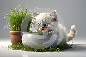 cute Ragdoll kitten eating green juicy grass from a pot, isolated on a white background