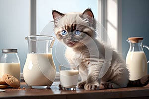 cute Ragdoll kitten and fresh milk in a glass, isolated on a blue background