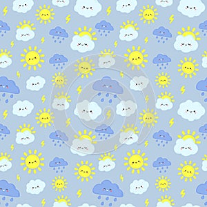 Cute rain sky pattern. Smiling happy sun, thunderclouds with lightning and rainy day clouds seamless vector illustration