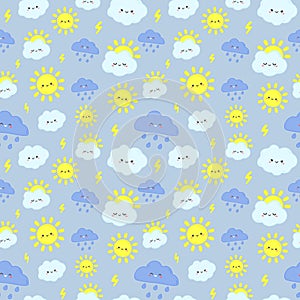 Cute rain sky pattern. Smiling happy sun, thunderclouds with lightning and rainy day clouds seamless vector illustration photo