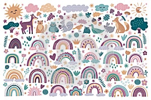 Cute rainbow. Baby kid poster, fashion pattern, geometric doodle wallpaper with logo or icon. Clouds and sun, forest photo