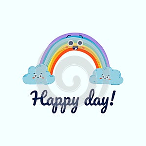 Cute rainbow and cloud with happy faces vector illustratin for kids poster