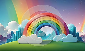 Cute Rainbow Clouds 3D Art Animated Graphic, Invitation Card Banner Website Design Background - ai generated