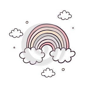 Cute rainbow and clouds flat color vector object on white