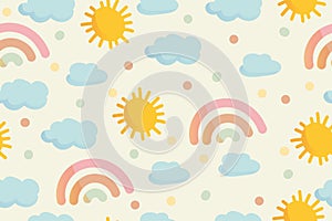 Cute rainbow, clouds, sun and dots in pastel colors, seamless pattern. Modern hand drawn vector in cartoon style. Baby nursery