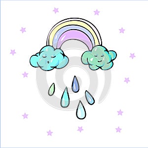 Cute Rainbow Clouds Sun Raining drops Pastel Spring Vector Illustration