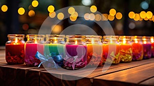 Cute Rainbow-Colored Candles Illuminating Glass Jars