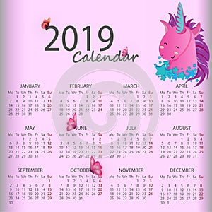 Cute rainbow monthly calendar 2019 concept with unicorn and butterfly.