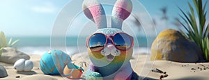 Cute rainbow shining easter bunny with sunglasses on the beach