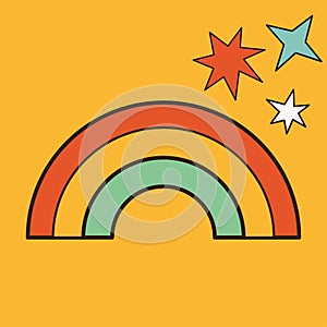 Cute rainbow, star sparkle set. Groovy retro icon in 60s, 70s hippie style. Funny sign symbol. Patches, pins, stamps, stickers