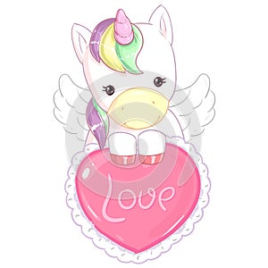 Cute rainbow unicorn with big heart. Valentine`s day card.