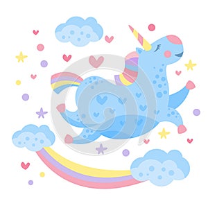 Cute Rainbow Unicorn in the Clouds. Vector