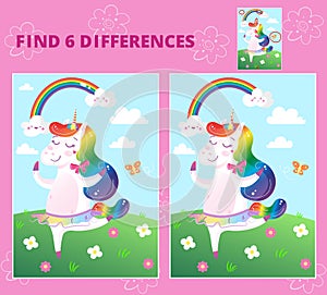 Cute rainbow unicorn. Find 6 differences. Educational game for children. Cartoon vector illustration