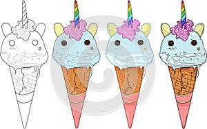 Cute rainbow unicorn ice cream. Vector illustration.