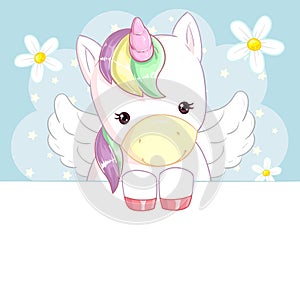 Cute rainbow unicorn with wings on a blue background with flowers and a banner.