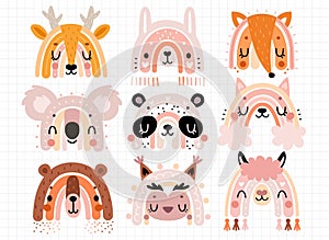 Cute rainbows with animal faces for your design, childish hand drawn elements. Nursery theme