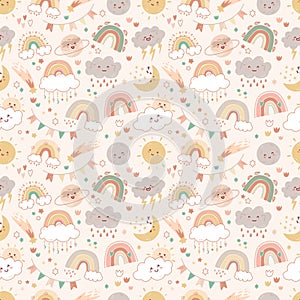 Cute rainbows seamless pattern. Boho style nursery print. Repeated baby elements. Smiling sun and moon. Rain cloud. Star