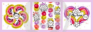 Cute rainbows with sun, star, cloud and unicorn. Pretty characters for funny greeting card or cool poster. Artistic vector