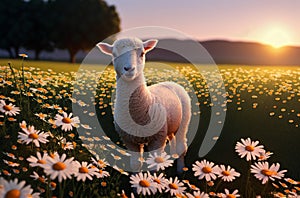 Cute ram on green lawn with daisies at sunset. Horned animal on walk on green grass with wild flowers, chamomiles.