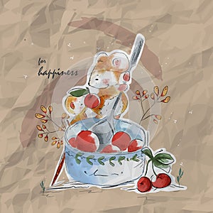 Cute rat with a bright red berry bowl in an old vintage paper style