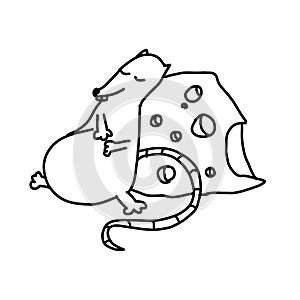 Cute rat with a cheese in cartoon outline doodle style. Cute mouse