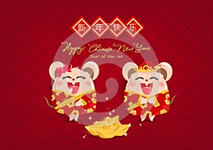 Cute rat couple cartoon with gold on the floor, 2020, wealth concept, greeting card, Chinese characters mean Happy New Year,