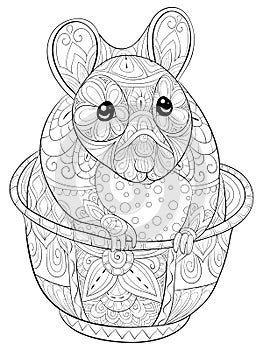 Adult coloring book,page a cute rat on the cup image for relaxing.