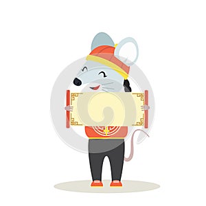 Cute rat mouse Chinese with holding a blank sign