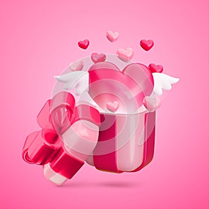 Cute realistic 3d Valentine's day concept. Vector open gift box with flying out shiny heart with wings on pink