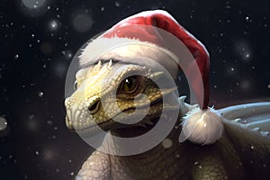 Cute realistic dragon with Santa Claus hat. Green christmas dragon on snow. Chinese lunar new year symbol. Funny fantasy