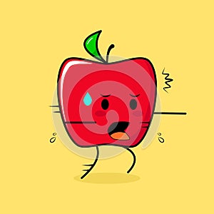 cute red apple character with afraid expression and run
