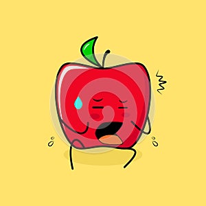 cute red apple character with afraid expression and sit down