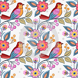 Cute red bird on branch with flowers design seamless pattern.