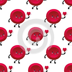 Cute red blood cells, erythrocytes characters holding hearts vector seamless pattern background