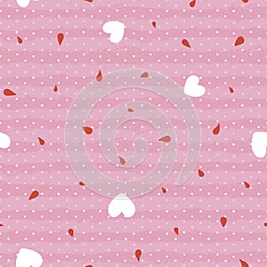 Cute red blood drops with hearts and dots on grunge stripes background. Seamless vector pattern for medical and