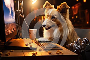 Cute red border collie dog sitting at table with computer and eating popcorn, A cute dog watches a movie on a laptop screen,