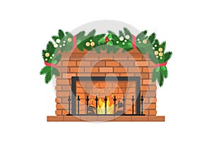 Cute red brick fireplace decorated with Christmas garland, isolated on white background