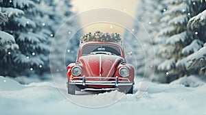 Cute red car carrying a big Christmas conifer wreath, driving through a snowy spruce forest on a cold winter day. Generative AI