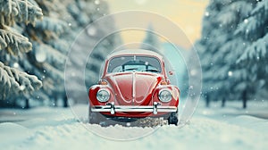 Cute red car driving through a snowy spruce forest on a cold winter day. Rural landscape, winter holidays. Generative AI