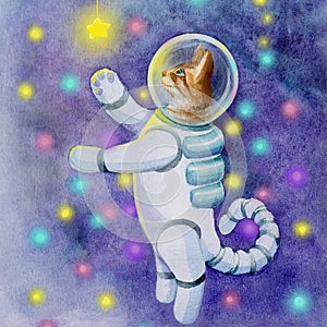 Cute Red cat astronaut in a spacesuit playing with a star in open space among stars.