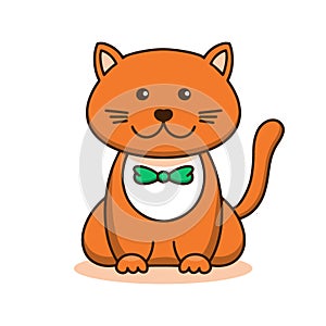 Cute red cat, cartoon linear art, animal sketch. Vector illustration of little smile kitten gteen in bow tie, flat outline style,