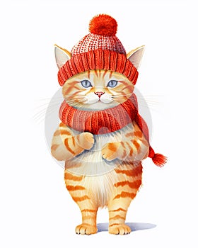 A cute red cat in a knitted red hat and scarf. Watercolor winter illustration on a white background