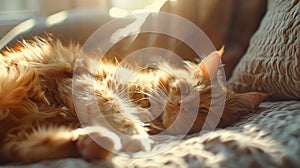 Cute red cat lies on the sofa and sleeps, sunlight shines through window frame. Generative Ai