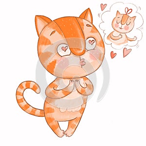 Cute red cat in love with a beautiful cat and dreams of her