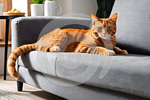 Cute red cat lying on sofa in living room
