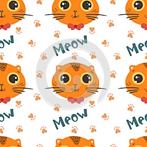 Cute red cat. Meow. Vector illustration in hand drawn flat style. Vector seamless pattern with cat paws. Children